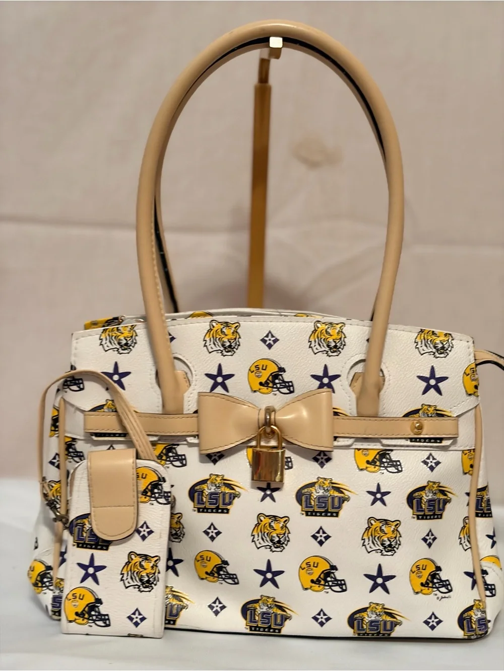 LSU Themed White & Tan Satchel Bag with Bow Accent & matching accessory pouch